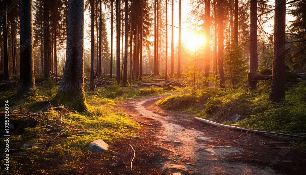 Fototapeta premium Hiking path and sunset in beautiful woods 