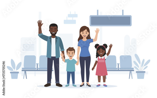 Cheerful Family Waving Goodbye at the Airport Terminal with Modern Design.