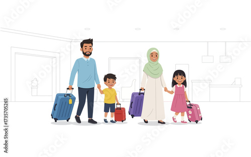 Cheerful Muslim Family Ready for Travel with Luggage in Airport Terminal.