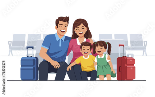 Smiling family with luggage sitting in an airport waiting area.