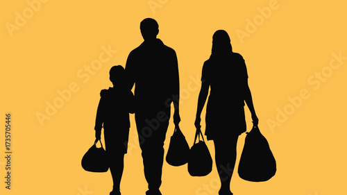 Silhouette of happy family shopping together carrying bags on a sunny day great for retail advertisements or lifestyle content about family values