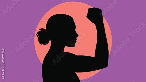 Empowered woman flexing biceps in silhouette against vibrant backdrop, showcasing strength and determination for fitness or women's rights campaigns
