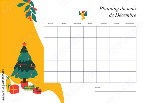 Calendrier de décembre vierge pour organisez votre vie avec un modèle moderne et coloré. Planifier vos semaines et prendre des notes.