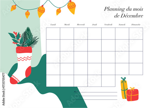 Modele de planning en français pour organiser le mois de décembre avec des motifs tendance et illustrations vectorielles sur le theme de noël