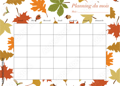 Planning automnal en français avec des cases vierges pour s'organiser, décors de feuilles dans les tons oranges