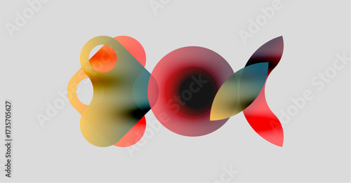 Abstract composition featuring overlapping translucent circles. Warm, cool colors blend creating dynamic visual effect. Minimalist design, soft gradients present.