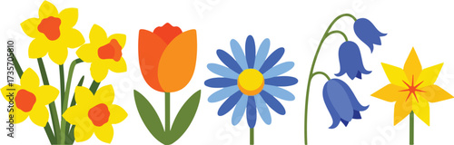 Illustration of collection of colorful spring flowers isolated on white background