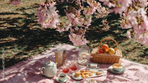 pastel picnic blanket under a cherry blossom tree, tea set, fruit, and small pastries.