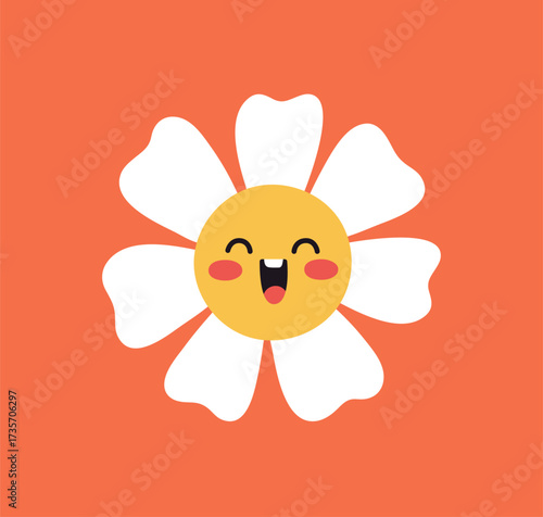 Happy daisy flower. Smiling face, joyful laughing expression, cheerful optimistic emotion. Cute floral emoji, groovy character with petals, sunny joy, fun, laughter. Flat vector illustration