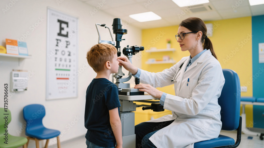 Obraz premium Child standing in front of eye chart during routine vision checkup with doctor