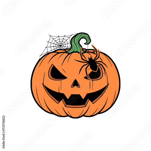 Spooky Halloween Jack-o'-lantern illustration with a creepy black spider and a delicate cobweb, isolated on a white background for festive designs