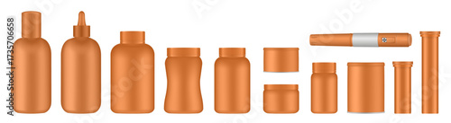 Set of medical pill bottles. Orange jar with lid. Plastic medicine container. 3d mockup of a packaging for pharmacy. Effervescent tablet tubes, insulin pen