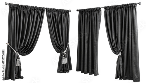 Two sets of white curtains are hung on a silver rod against a white backdrop
