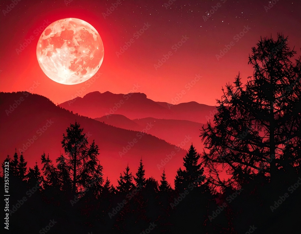 Fototapeta premium Blood Red Full Moon Over Dark Forest