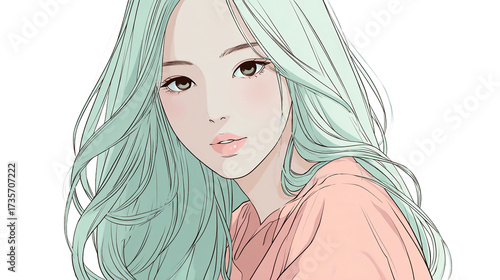 Beautiful manga girl with long flowing hair on transparent background