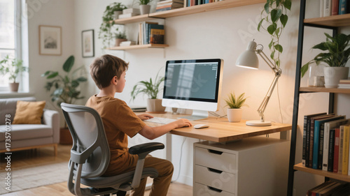 Healthy posture habit, child studying on computer with good ergonomic support