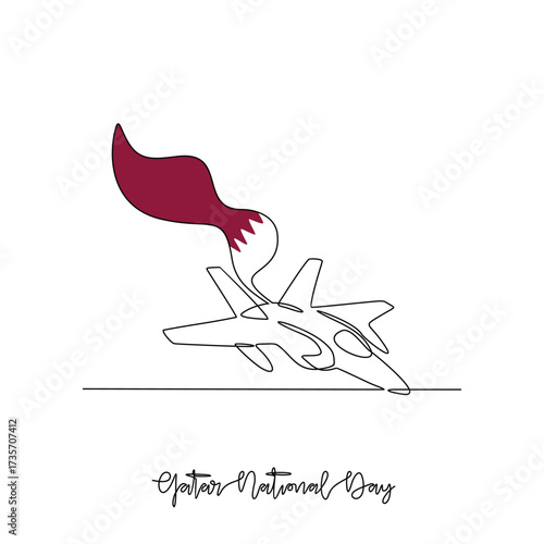 One continuous line drawing of Qatar National Day with airplane and flag illustration. Qatar National Day theme vector design concept in simple linear style. Great design for national holiday campaign