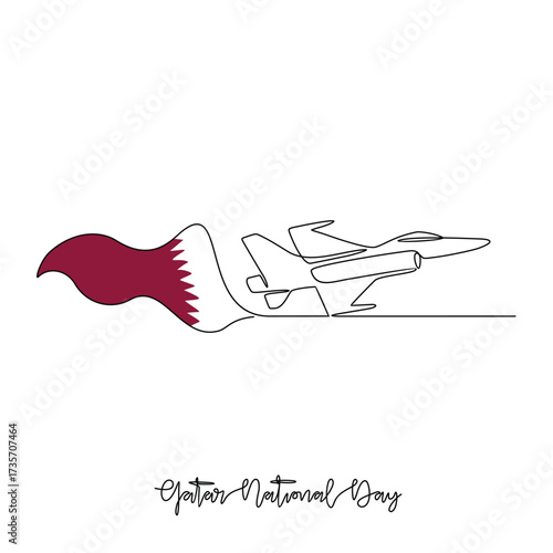 One continuous line drawing of Qatar National Day with airplane and flag illustration. Qatar National Day theme vector design concept in simple linear style. Great design for national holiday campaign