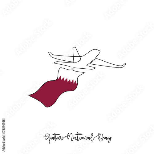 One continuous line drawing of Qatar National Day with airplane and flag illustration. Qatar National Day theme vector design concept in simple linear style. Great design for national holiday campaign