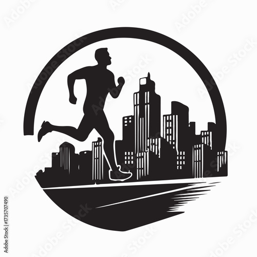Young Man Jogging Silhouette with Buildings isolated on white background