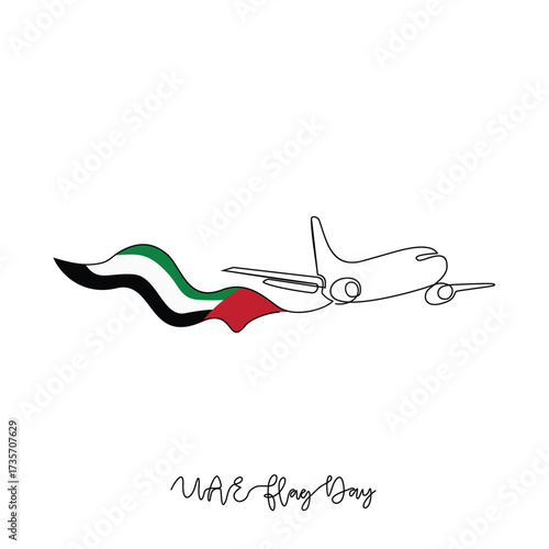 One continuous line drawing of UAE National Flag Day with airplane illustration. UAE National Flag Day theme design concept in simple linear continuous line. Great design for national holiday campaign