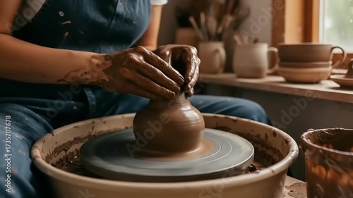 Artisan potter shaping a clay vase on a wheel in a sunlit workshop, surrounded by pottery tools