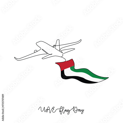 One continuous line drawing of UAE National Flag Day with airplane illustration. UAE National Flag Day theme design concept in simple linear continuous line. Great design for national holiday campaign