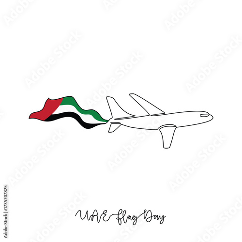 One continuous line drawing of UAE National Flag Day with airplane illustration. UAE National Flag Day theme design concept in simple linear continuous line. Great design for national holiday campaign