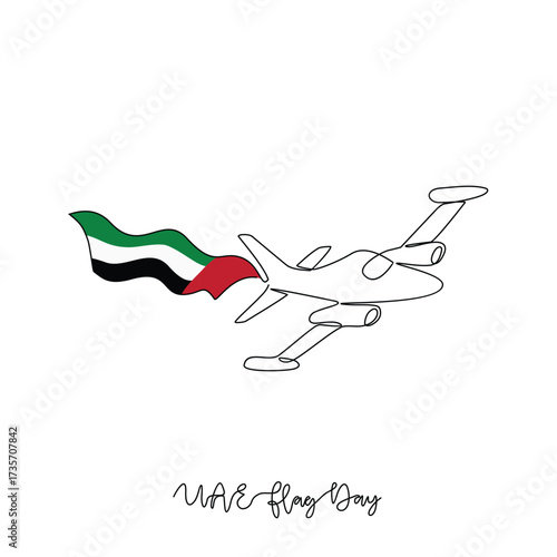 One continuous line drawing of UAE National Flag Day with airplane illustration. UAE National Flag Day theme design concept in simple linear continuous line. Great design for national holiday campaign