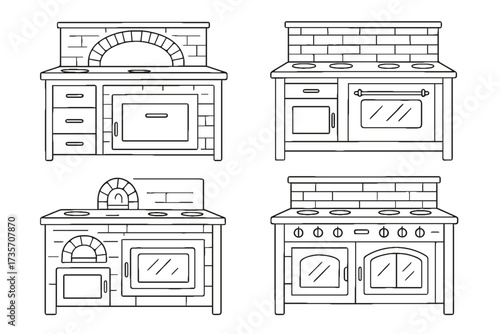 Four vector drawings of rustic old kitchen oven stove