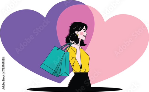 Illustration of woman with shopping bag in front of two hearts isolated on white background