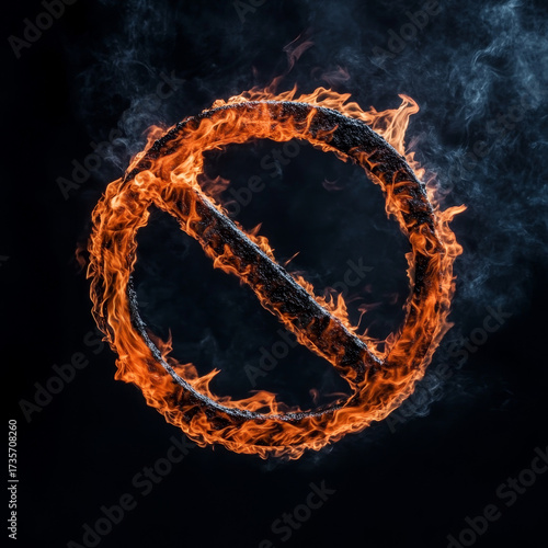 Fiery prohibition symbol ablaze against darkness, a powerful statement against restrictions and limits, perfect for conveying strong messages of freedom