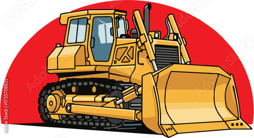A detailed vector illustration of a yellow construction bulldozer, a powerful piece of heavy earthmoving machinery used for site work