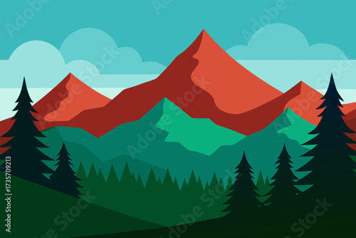 Stylized flat design landscape with red mountains green forest and blue sky