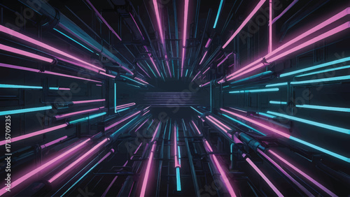Futuristic Tunnel with Neon Pink and Blue Glow Lights and Cyberpunk Aesthetics
