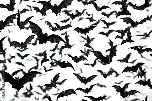 Bats are depicted flying in a group, dispersed diagonally against a plain white background, producing a dynamic swarm effect.