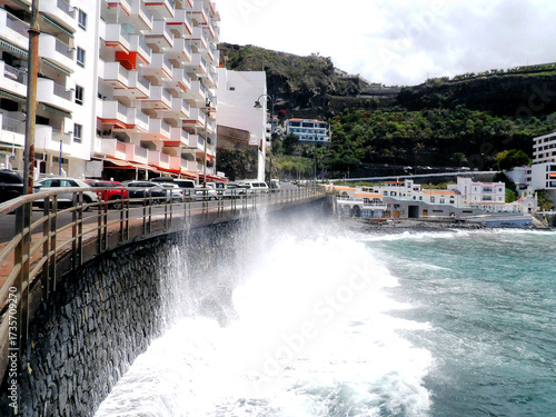 Tenerife landscapes, picturesque coastline, ocean waves at sunset