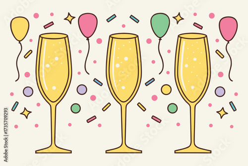Three golden champagne flutes with balloons and confetti celebrating a festive party event