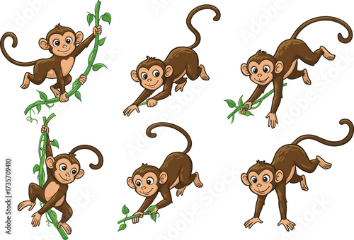 Cute cartoon monkey illustration, playful jungle animal artwork, baby monkey character, wildlife drawing, jungle vine climbing, nature art