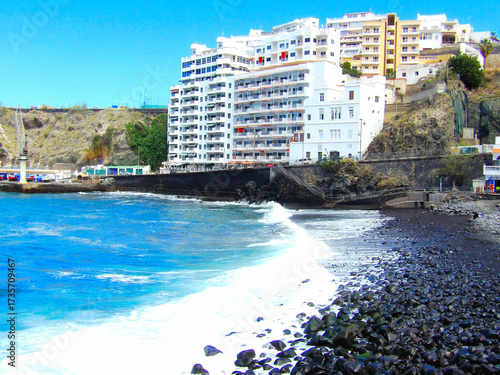 Tenerife landscapes, picturesque coastline, ocean waves at sunset