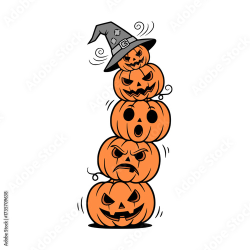 Whimsical tower of carved Halloween pumpkins displaying a range of emotions, from angry to surprised, with a magical witch hat on top
