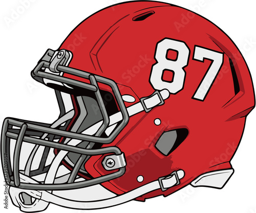 Bold Red Football Helmet with White Number 87 on a White Background