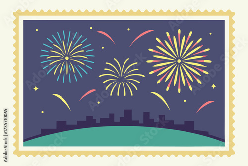 Colorful fireworks exploding above city skyline at night festive celebration postcard design