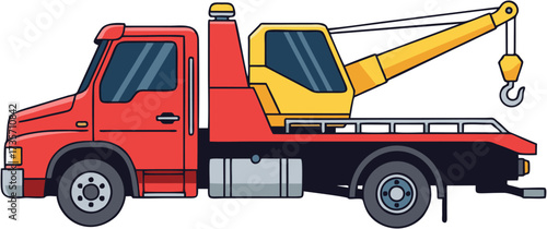 Vibrant red tow truck with yellow crane boom, depicted in a clean, professional side-view illustration, ready to provide reliable roadside assistance or vehicle recovery services