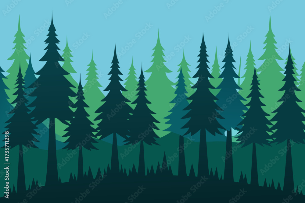 Fototapeta premium Stylized silhouette of evergreen trees in a forest landscape with layered green and blue hues
