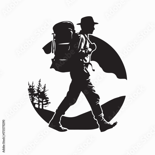 Adventurer with Hat and Backpack Walking in Wilderness Silhouette