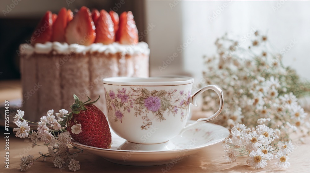 custom made wallpaper toronto digitalTeacup with strawberry and floral decorations