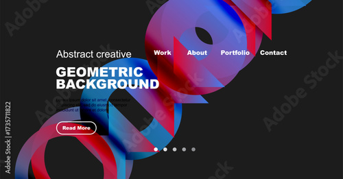 Abstract design features vibrant fluid shapes, dark background. Text elements include headings, sample text, button. Navigation menu present.
