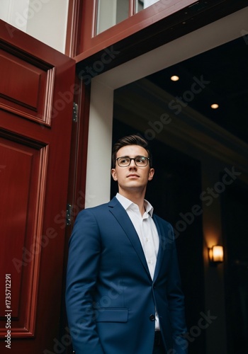 A young businessman in a blue suit and glasses stands confidently in a doorway, looking upwards with a determined expression