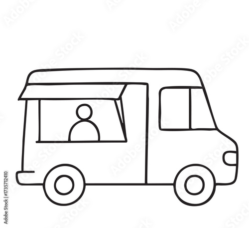 Mobile Kitchen Food truck. Monochrome Sketch. Lunch Van